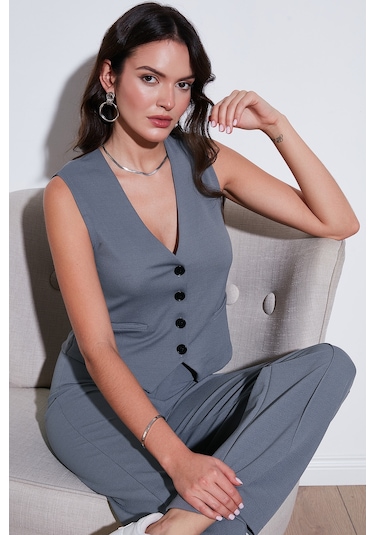 Lela Streç Fitted Fit V Yaka Düğmeli Bayan Yelek 5865971 Füme