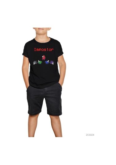 Among Us Impostor Siyah Çocuk Tişört Siyah
