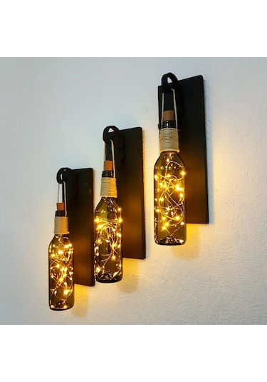 Retro Yeşil Şişeli Led Işıklı, Mat Siyah Aplik, 3 Lü Set