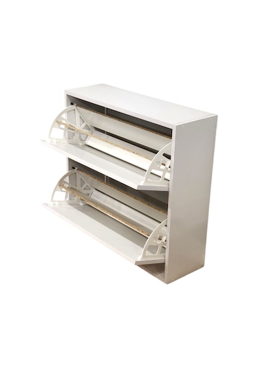 Düşer Kapaklı Ayakkabılık 4 Bölmeli 2 Kapaklı Kayar Raflı Dolap Beyaz