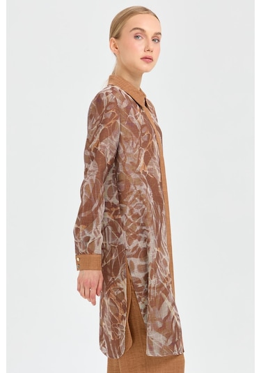 Desenli File Kumaş Tunik Pantolon Takım Camel Kahverengi