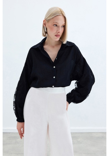 Sateen Nakış Detaylı Kraşlı Gömlek - Siyah-136254 Siyah