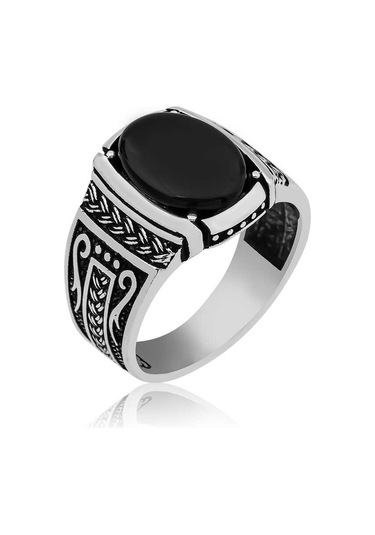 Gümüş Oniks Taşlı Örgü Desenli Erkek Yüzük - 555896279