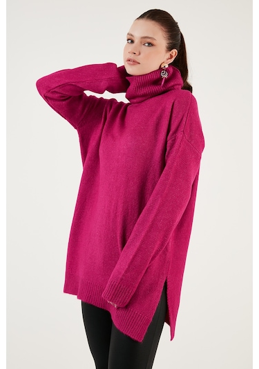 Lela Regular Fit Yanları Yırtmaçlı Boğazlı Yaka Uzun Triko Bayan Kazak 4616141Y Fuşya