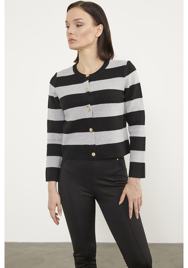 Çizgili Kısa Triko Hırka - Siyah 001