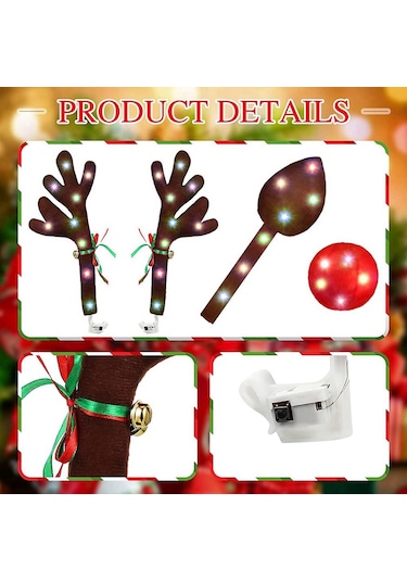 Zoroom Araba Ren Geyiği Boynuzları, Led Işıklı Boynuz Araç Kiti, Ren Geyiği Araç Kiti Boynuzları, Burun, Kuyruk, Araba İçin Noel Süslemeleri -
