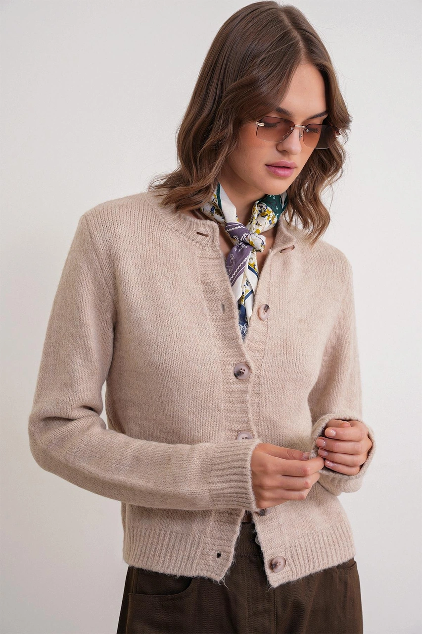 6951 Kadın Bisiklet Yaka Düğmeli Triko Kısa Hırka Bej Bej