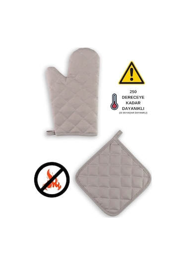 Yanmaz Fırın Eldiveni Ve Fırın Tutacağı 1 Eldiven 1 Tutacak Açık Gri