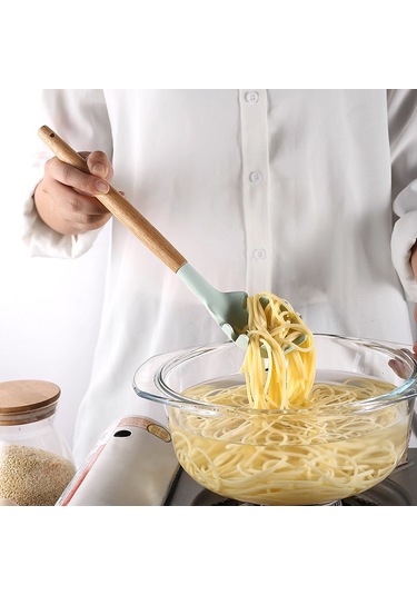 Symbee Ahşap Saplı 11 Parça Silikon Mutfak Gereçleri Seti - Anti Yapışkan, Isı Dayanıklı, Kolay Temizlenir, Gri Renkli Kova İle Tam Zamanlı Pişirme Araçları