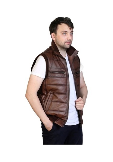 Asyaclub Max Hakiki Deri Erkek Taba Trikolu Şişme Yelek Kahverengi