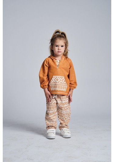 Etnik Desen Kanguru Cepli 2 Li Takım Oranj