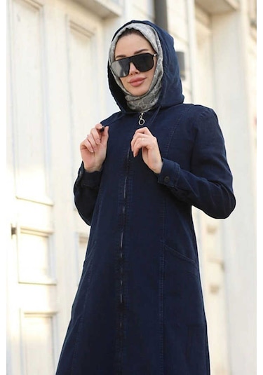 6463-Kapşonlu Denim Ferace Lacivert
