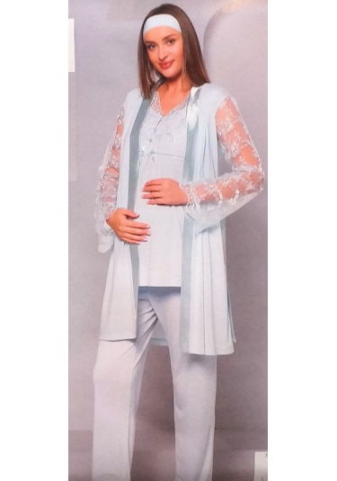 Flz Pijama 3'lü Dantelli Lohusa Pijama Takımı Mavi