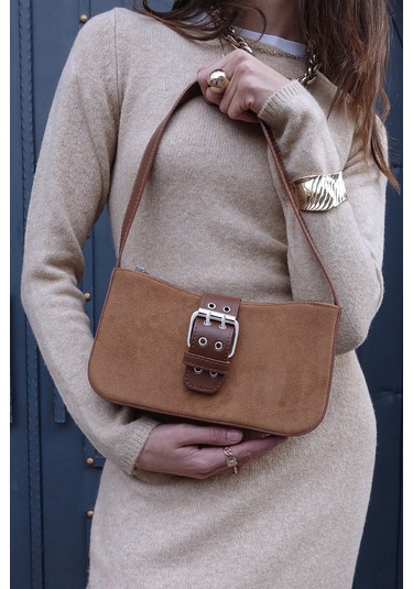 Kadın Süet Kahverengi Tokalı Vintage Görünüm Omuz Çantası 268 Süet Taba