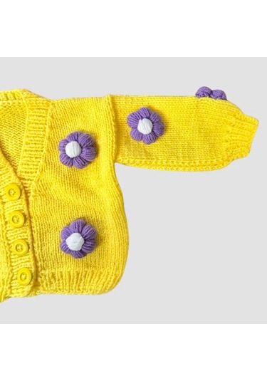 Uretti - Gülnur 2184 - El Örgüsü Mor Çiçekli Kız Çocuk Hırka 5 Yaş - Sarı Sarı