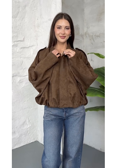 Prifaldi Premium Oversize Süet Bomber Ceket Kahverengı