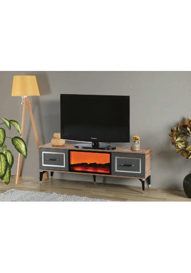 Bera Atlantik Çam - Antrasit Şömineli İnci Tv Sehpası Atlantik Çam - Antrasit