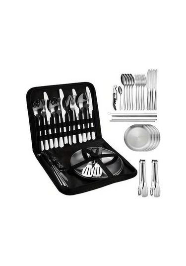 Ebitda 20 Parça Paslanmaz Çelik Kamp Sofra - Taşınabilir Piknik Aksesuarları, Tabaklar, Çatallar, Kaşıklar, Şişe Açacaklar İle Yürüyüş, Sırt Çantası, Kamp Gezisi İçin Simli Gri Gri