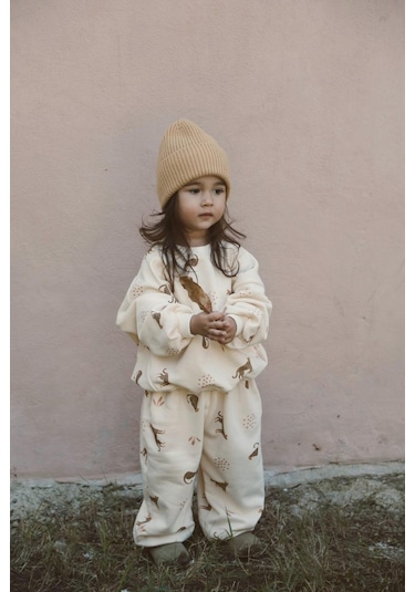 Leopar Baskılı Eşofman Takımı Krem