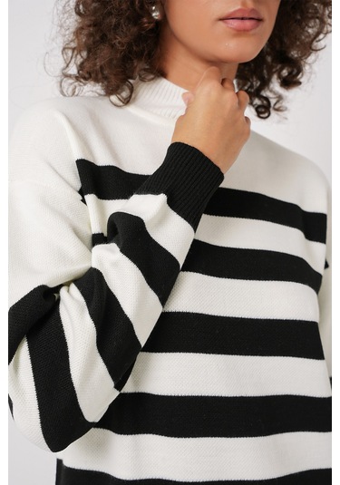 Bigdart 15898 Çizgili Uzun Triko Elbise - B.beyaz