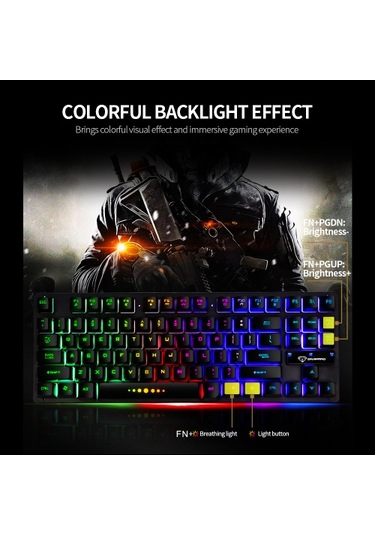 Gk-10 Usb Kablolu Klavye Oyun Klavyesi 87 Tuş Renkli Arka Aydınlatmalı Klavye Ergonomik Oyun Klavyesi Siyah