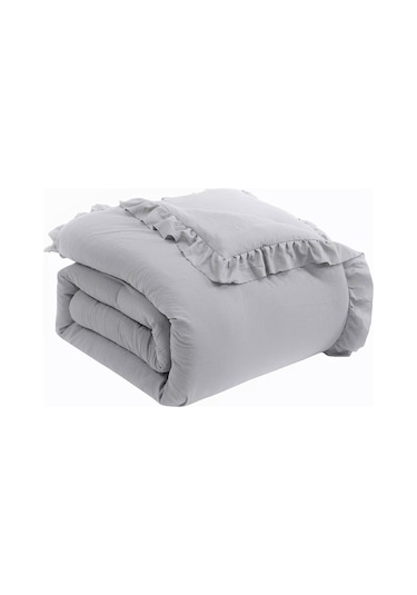 Makiteks Fırfırlı Süs Dikişli Açık Gri Çift Kişilik Nevresim Seti Açık Gri