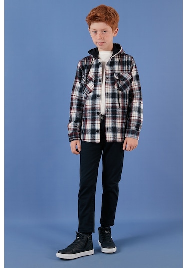 Lela Ekoseli Kapüşonlu Cepli Kışlık Oduncu Erkek Çocuk Gömlek Cf24W81779 Lacivert