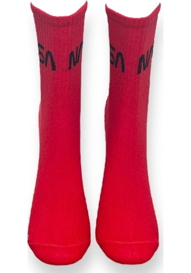 Me-vo Tekli Kırmızı Renkli Bay/bayan Unisex Esnek Nem Alabilen Pamuklu Nasa Desenli Soket Çorap Kırmızı