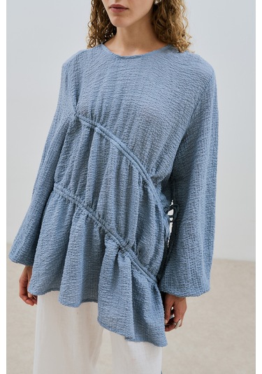 Büzgü Bağlamalı Dokulu Tunik Mavi Mavi