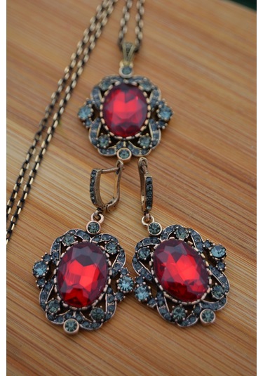 Stoneage Yakut ve Zirkon Taşlı Kolye ve Küpe Set  Takım