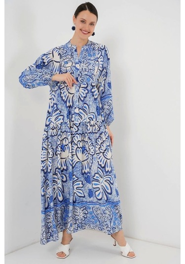 2423 Otantik Desenli Tesettür Elbise - Koyu Mavi Koyu Mavi
