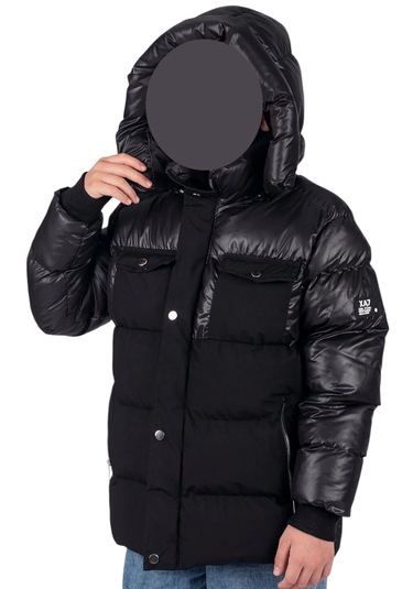 Erkek Çocuk Önü Çift Kapak Cepli Kapüşonu Çıkabilen İçi Peluş Astarlı Siyah Renk Mont Siyah