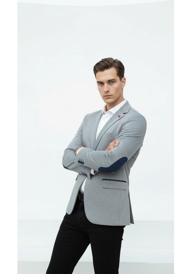 Plus Scorpion Gri Erkek İtalyan Kesim Blazer Ceket Lacivert Detaylı, Kol Yamali, Slim Fit Şık Tasarım Lacivert