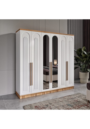 Flora 6 Kapaklı Aynalı Komple Mdf Gardırop - Elbise Dolabı