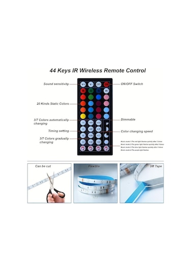 Uzaktan Kumanda Rgb5050 Müzik Sync Esnek 5 V Lamba 44key -15m