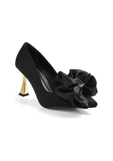 Kadın Gold Topuk Saten Fiyonk Detaylı Topuklu Ayakkabı Siyah