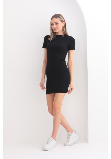 Kallima Siyah Kısa Kollu Mini Fitilli Esnek Kalem Elbise
