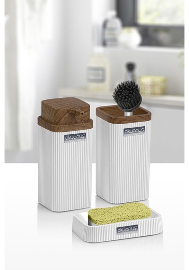 Okyanus Home Stella Beyaz Ahşap Desenli 3'lü Banyo Seti Beyaz