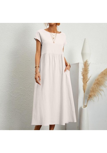 2022 Yeni Düz Renk Kolsuz Etek Gevşek Pamuk Keten Elbise Ekleme Cepler Elbise Beyaz