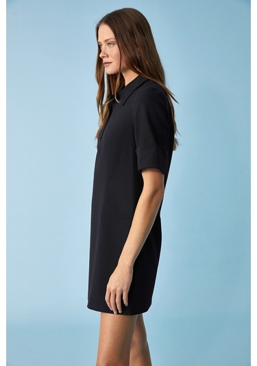 Nouru Kadın Polo Yaka Kısa Kol Oversize Fit Kısa Siyah Elbise