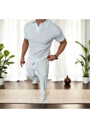 Beyaz, Oversize/geniş Kesim, Dokulu Kırışmaz, Ottoman Polo Yaka T-shirt Ve Eşofman Takım Beyaz