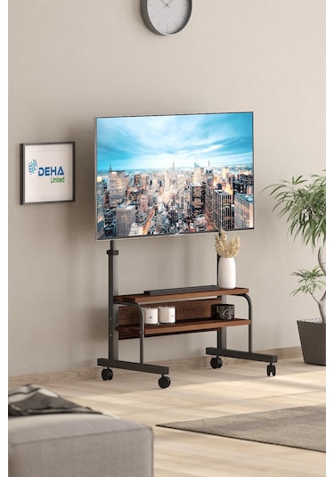 Frenli Tekerlekli Yükseklik Ayarlı Tv Duvar Paneli Tv Standı Konsol Hareketli Televizyon Ünitesi Siyah - Ceviz
