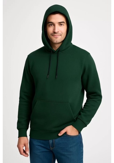 Erkek Üç İplik Kapüşonlu Kanguru Cepli Sweatshirt Hoodie - Haki Haki