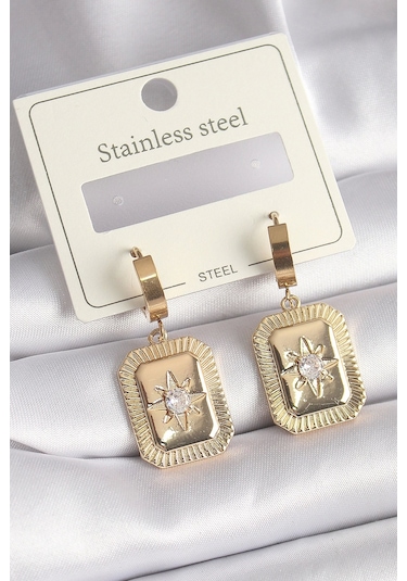 316l Çelik Gold Renk Zirkon Taşlı Yıldız İşlemeli Kadın Küpe Çok Renkli