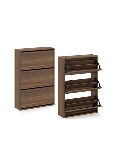 Ceha 3'lü Düşer Kapaklı Ahşap Ayakkabılık - Anadolu Ceviz A.AYK-3/A.CEVİZ