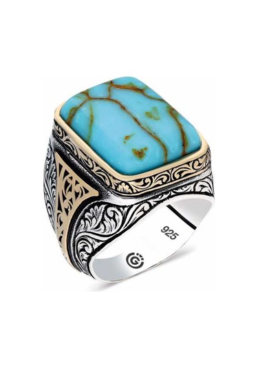 Gümüş Turkuaz Çizgi Geçişli Taşlı Kare Erkek Yüzük - 555895115