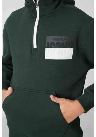Tommy Life Çam Yeşil Pamuklu Kalın İçi Tüylü Yumuşak Dokulu Standart Fit Baskılı Erkek Çocuk Eşofman Takım - 1 Yeşil