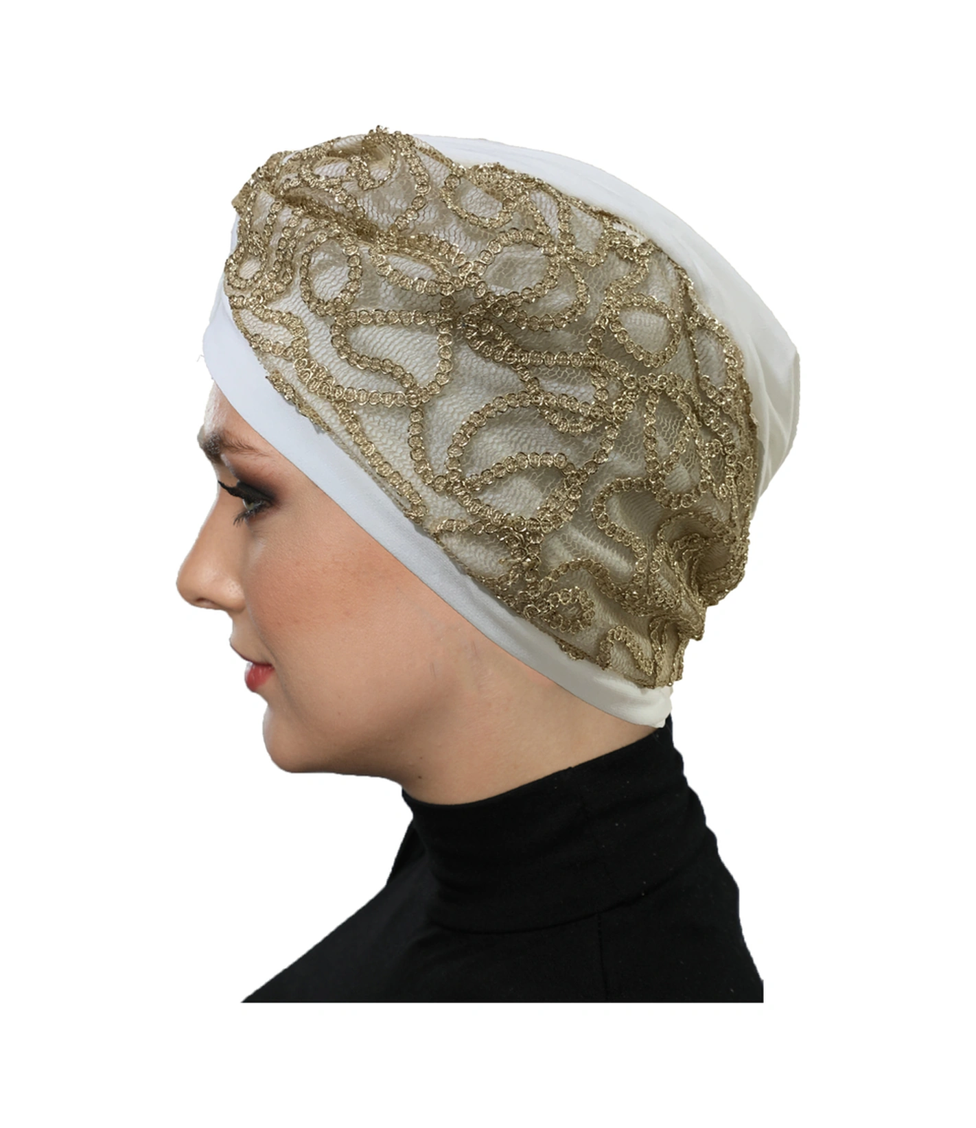 Özel Tasarım Ekru Üzeri Sırma Desenli Astarlı Hazır Türban Tesettür Abiye Bone Ekru4