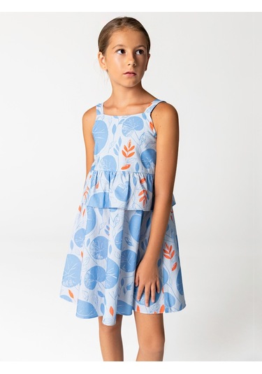 Sheshe Yaprak Desenli Pamuklu Askılı Kız Çocuk Elbise Renkli