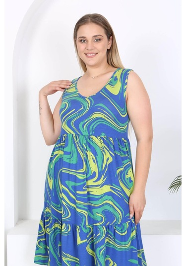 Kadın Mavi Yeşil Ebru Desen Büyük Beden Katlı Elbise Mavi